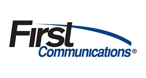 First Communications logo with blue arc design.