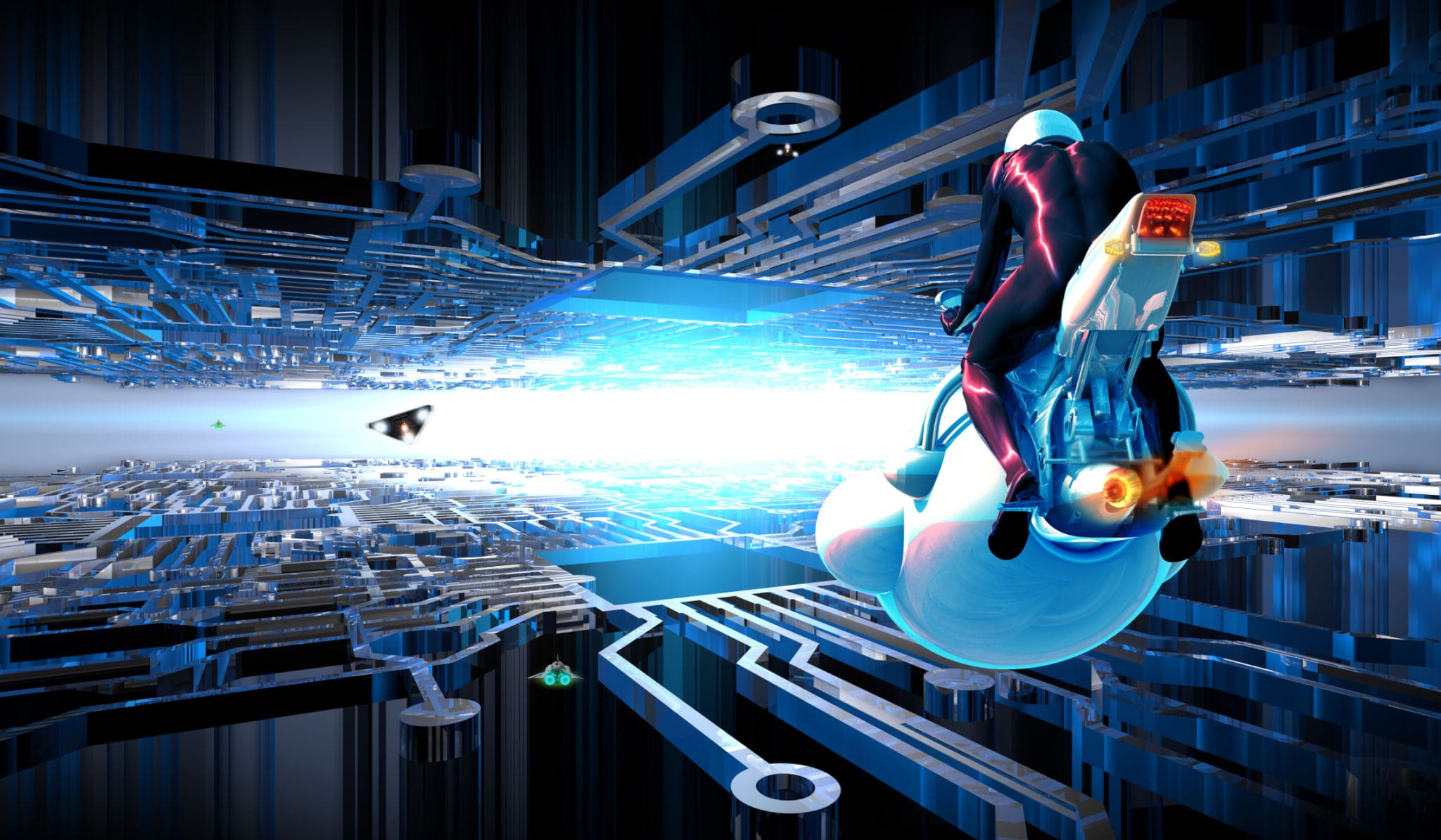 Futuristic rider on a glowing motorbike.
